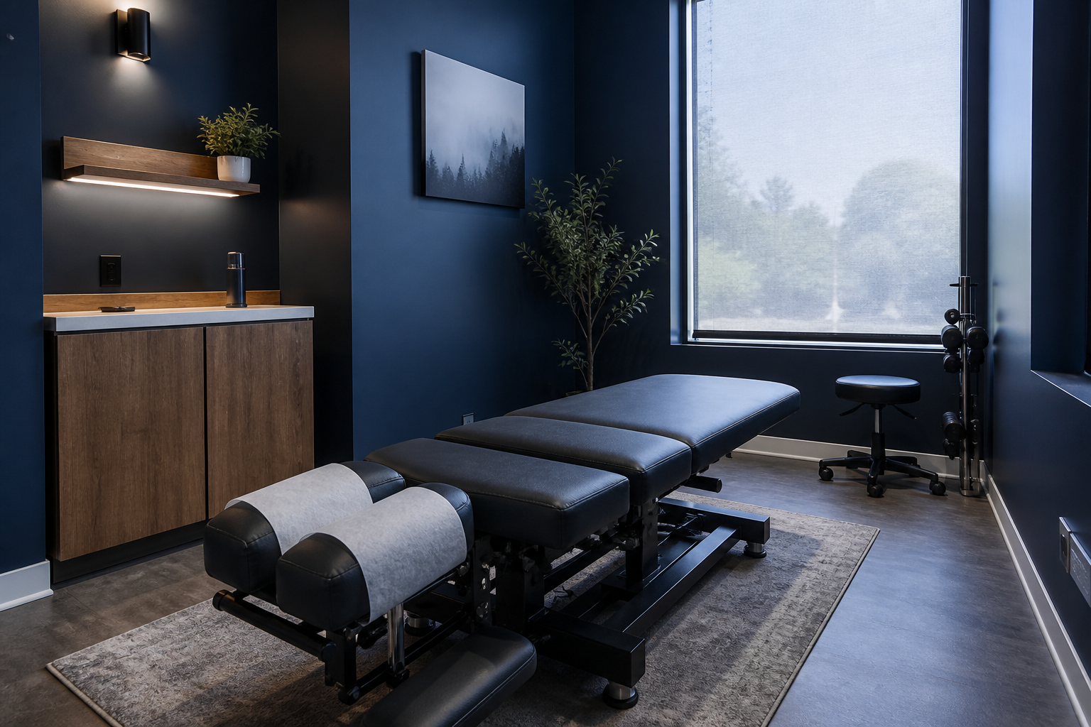 Calm chiropractic treatment room with soft clinical blue light